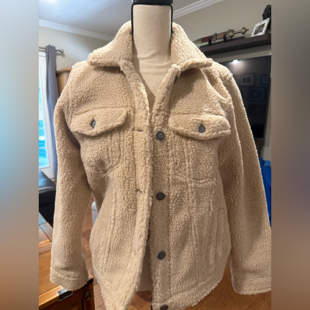 Hollister Cream Teddy Jacket Classic Collar Warm Texture